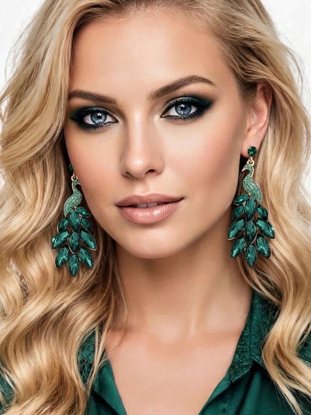 Green Crystal Peacock Dangle Earrings Gold Tone